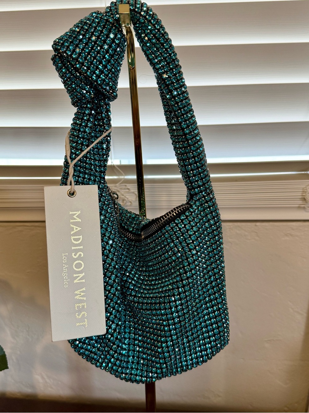 Madison West Teal Crystal Knotted Hobo Mini Bag